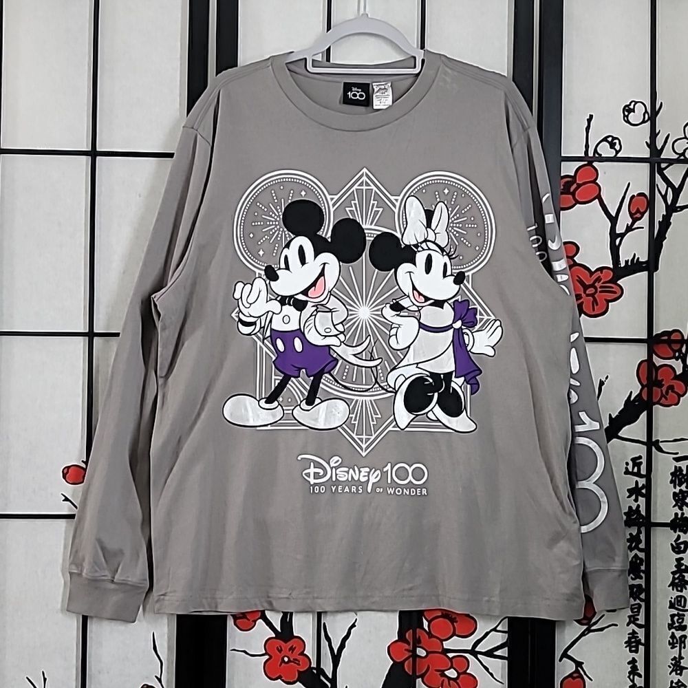 Disney Parks 100 Years of Wonder Mickey & Minnie Gray Long Sleeve Shirt Size L